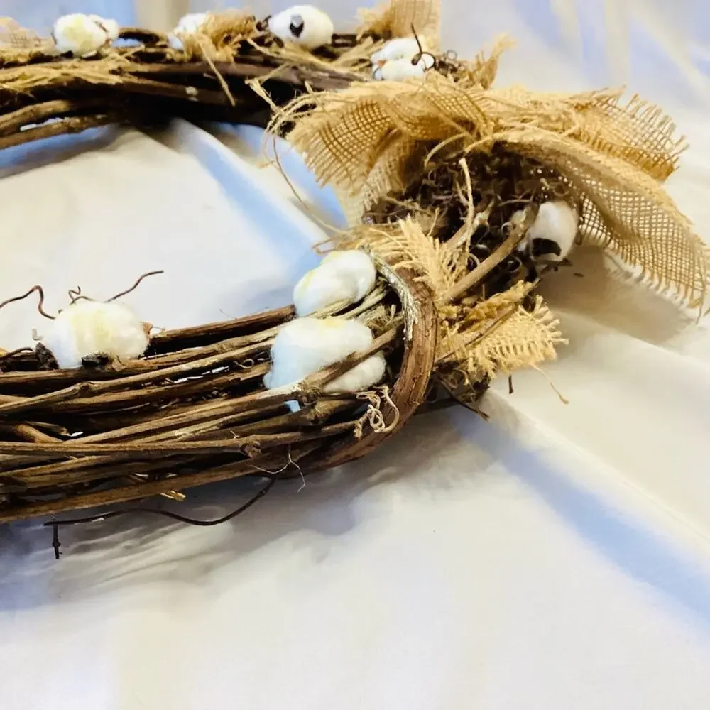 Cotton Willow Wreath with Burlap Accents